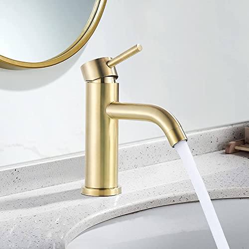 Saeuwtowy Robinet de salle de bain monocommande tube en laiton robinet d'évier eau chaude et froide or brossé
