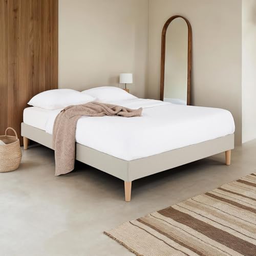 IDIMEX Sommier tapissier QUIMPER 140 x 190 cm Structure en Bois et revêtement en Tissu Beige, Cadre de lit avec Pieds et sommier à Lattes déhoussable pour 2...