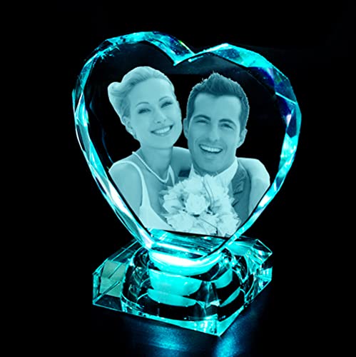 2D3D personalized crystal photo heart with light base custom engraved crystal photo cube 3D picture in glass gifts for wife mom girlfriend grandmother women her (Large Heart)