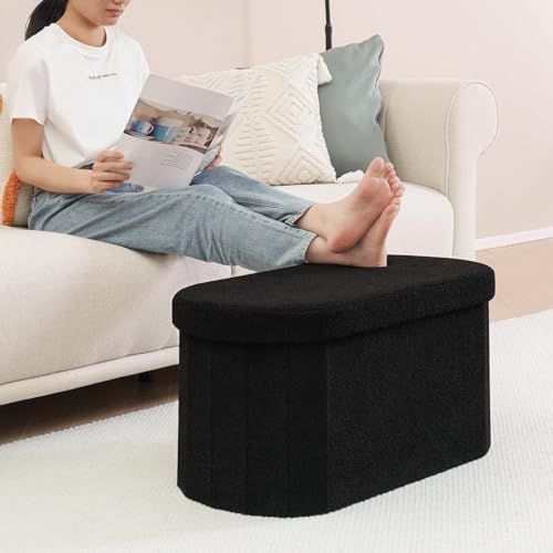 Image of B FSOBEIIALEO Ottoman with Storage for Living Room, Sherpa Folding Storage Ottoman Foot Rest, 30 Inches Collapsible Bedroom Bench Black