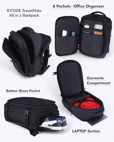 Image of B'CODE Laptop Backpack | Men & Women Travel Bag | Convertible Carry-On Luggage | Expandable Design | Shoe Compartment | Multiple Organizers | Water-Resistant Fabric