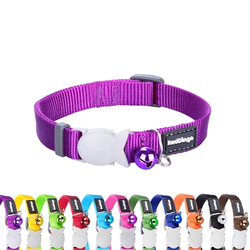 Red Dingo Classic Safety Release Breakaway Premium Cat Collar Adjustable One Size Fits All with Soft Nylon, 4.4lb Fish Clip for Safety, Stainless Steel D-Ring, Wildlife Bell Purple