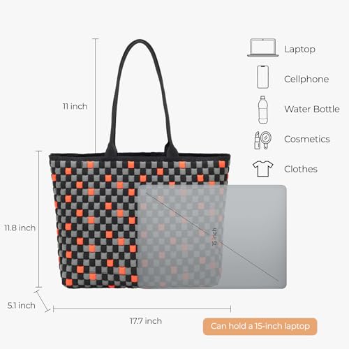 Striped Canvas Tote Bag, Black and Beige, 11.4x10.2x5.5 inches, 3D Woven Textile with Detachable Mini Bag2