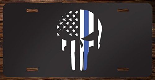 Thin Blue Line Punisher Skull Vanity Front License Plate Tag Printed Full Color KCFP033