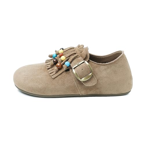 TWODNAWK Women's Tassel Suede Loafers Comfortable Slip-on Beaded Flats Round Toe Lightweight Internal Height Increase Casual Work Office Shoes (Khaki,8)