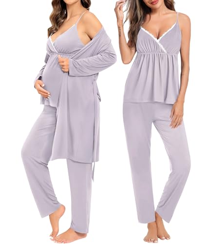 Image of SWOMOG Maternity Nursing Robe Set 3 Piece Breastfeeding Pajamas 3 in 1 Labor Delivery Sleevless Tops&Long Pants Pregnancy Pjs