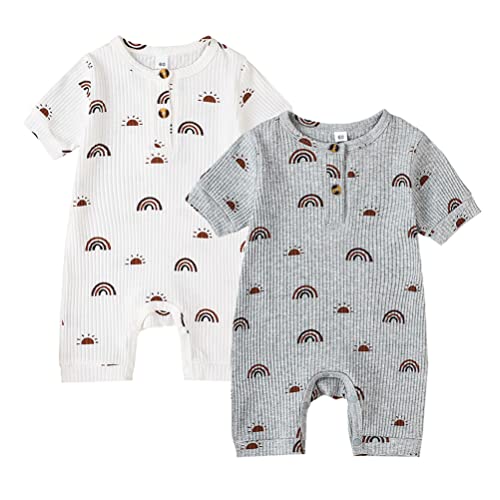 Image of Bafeicao Baby Boy Girl 2/3 Pack Solid Romper Ribbed Short/Long Sleeve Bodysuit Jumpsuit Infant Knitted Outfits Clothes