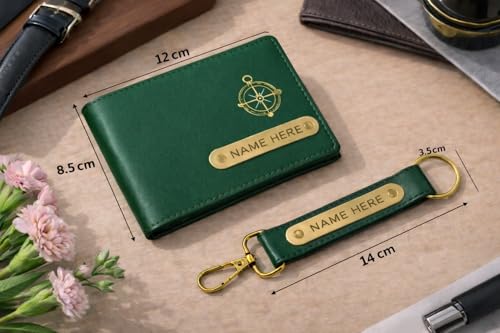 Image of Premium Customized Wallet & Keychain Combo for Men - Stylish Faux Leather Gift Set with Personalized Name & Charm - Ideal Birthday, Anniversary & Festival Present (Green)