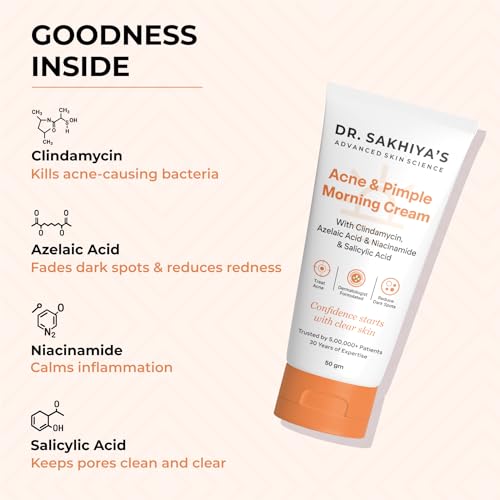 Image of Dr. Sakhiya's Acne & Pimple Morning Cream (50gm) for Oily & Acne-Prone Skin | 5% Azelaic Acid 5% Niacinamide 2% Salicylic Acid | Reduces Dark Spots & Breakouts | Non-Greasy Day Moisturizer