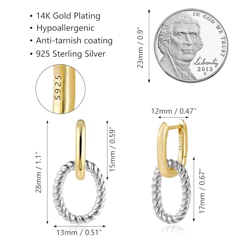 14K Two Tone Gold Silver Hoop Earrings for Women Drop Dangle Paperclip Earrings Convertible Link Chain Earing4