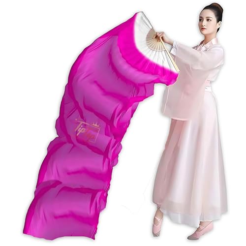 Image of Premium Dancing Long Veil Bamboo Folding Streamer Silk Hand Fan For Dance Shows (Hot Pink, Pack of 1 Piece)