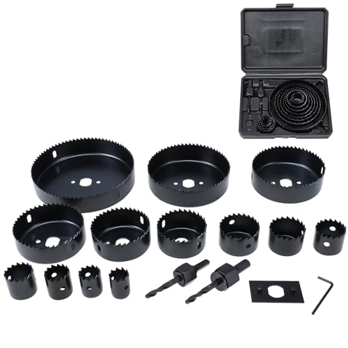 BOOMSTART 16PCS Hole Saw Set, Hole Saw Drill Bit, 19-127 mm Carbon Steel Cutter Kit for Wood, Plasterboard and Building Plates