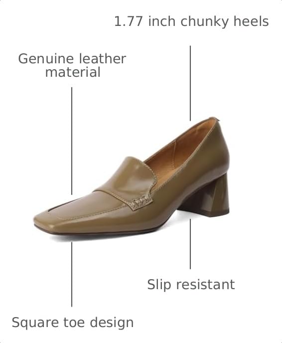 Image of TinaCus Women's Square Toe Genuine Leather Handmade Chunky Heels Slip-on Casual Loafers Shoes