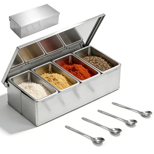 Contenedor De Condimentosz De Acero Inoxidable,4 Rejillas Caja De Ingredientes Para Múltiples Especias Con Cucharas,Dispensador De Alimentos Y Condimentos Para Condimentos En Bufés,Cocinas,450ML Contenedor De Condimentosz De Acero Inoxidable,4 Rejillas Caja De Ingredientes Para Múltiples Especias Con Cucharas,Dispensador De Alimentos Y Condimentos Para Condimentos En Bufés,Cocinas,450ML