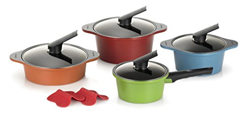 Happycall Hard Anodized Ceramic Nonstick Pot 10-piece Set, Oven Safe, Dishwasher Safe, Silicone Pot Holders, Cookware Set, Assorted Colors