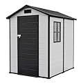 Outdoor Storage Shed with Floor, Plastic Resin Garden Shed with Window & Sloping Roof & Lockable Door for Patio Backyard Garden, Lawn Mower, Bike, Tool Storage (Grayish White + Black, 4' x 6')