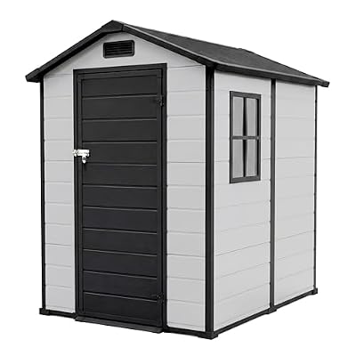 Outdoor Storage Shed with Floor, Plastic Resin Garden Shed with Window & Sloping Roof & Lockable Door for Patio Backyard Garden, Lawn Mower, Bike, Tool Storage (Grayish White + Black, 4' x 6')