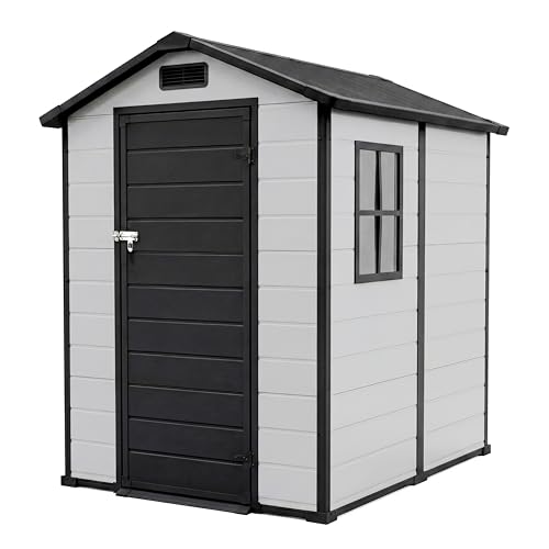 Garvee 4x6 FT Outdoor Storage Shed with Floor, Plastic Resin Garden Shed with Window & Sloping Roof & Lockable Door for Patio Backyard Garden, Lawn Mower, Bike, Tool Storage