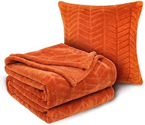Excervent Soft Brushed Flannel Throw Blanket (50x71 inches) with a Pillow Cover(18"*18") Burnt Orange Fleece Blankets Chevron Pattern for Sofa, Chair, Couch - a Fluffy Warm Cozy Blanket
