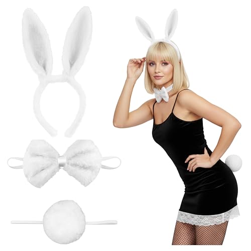 Balinco 3-teiliges Hasenkostüm-Set für Damen & Mädchen – Plüsch-Hasenohren-Haarreif mit Fliege & Schwanz für Halloween, Karneval, Fasching,...