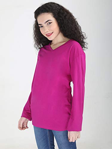 Image of FLEXIMAA Women's Cotton Plain V Neck Full Sleeve T-Shirt