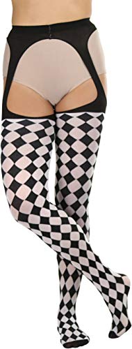 Image of ToBeInStyle Women's Harlequin Checkered Diamond Optical Illusion Opaque Tights Pantyhose - Black & White