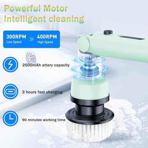 Image of 3 Angle Adjustable Electric Spin Scrubber, 3-Speed IPX7 Waterproof Cordless Power Cleaning Brush with Adjustable Extension Handle, Shower Scrubber with 9 Replaceable Brush Heads for Bathroom