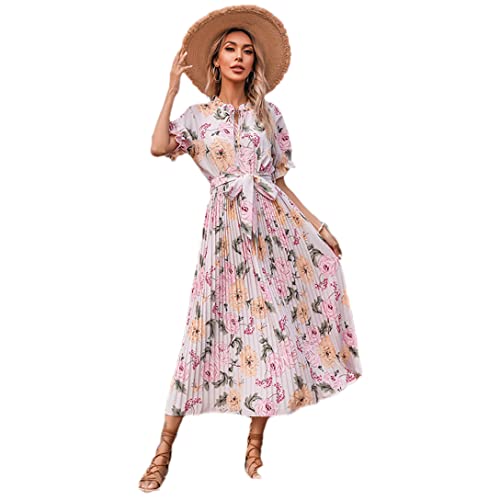 Robe plissée pour femme coupe bohème avec ceinture intégrée et manches à volants
