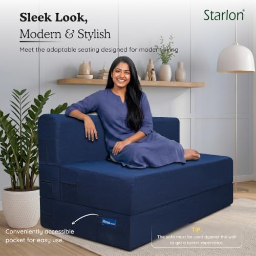 Image of Starlon 2 Seater Foldable Sofa Cum Bed 3-in-1 with 2 Waves Pattern Pillows, Washable Jute Fabric Cover, Space Saving Guest Bed, Pre-Assembled Royal Navy Blue 4x6 Ft
