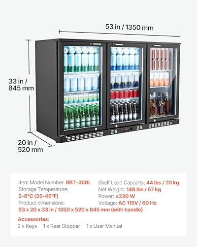 Image of VEVOR Back Bar Cooler, 11.4 Cu.Ft Commercial Beverage Refrigerator with 3 Glass Door, Large Under Counter Fridge w /LED Lighting, Shelf, Low-E Glass Display Cooler for Store, Lobby, Restaurant, Pub