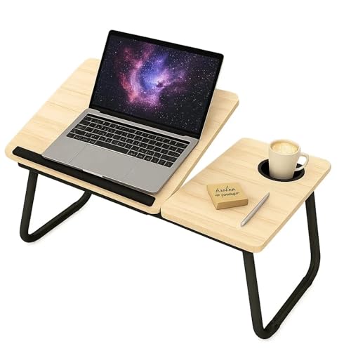 Image of Laptop Bed Table with Foldable Legs & Cup Holder - Adjustable Folding Laptop Desk for Bed, Sofa, Floor or Office - Portable Lap Desk Tray with Book & Notebook Stand (White)