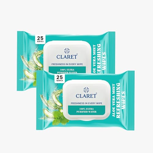 Image of Claret Refreshing Wet Wipes With Aloe Vera & Mint For Face & Body | 25 Pulls | 100% Ultra Purified Water | pH Balanced & Alcohol-Free (Pack of 2)
