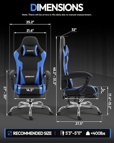 Image of Dowinx Ergonomic Gaming Chair with Footrest & Massage Lumbar, 2D-Linkage Armrests for Computer Chair 330lbs with Headrest Pillow for Office, Home, Streaming and Long Gaming Sessions, Blue