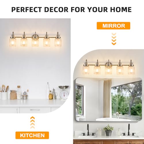 Image of 5 Lights Hammered Glass Bathroom Vanity Light,Brushed Nickel | Easy Installation,Up or Down,Farmhouse Modern Style,E26 Socket,ETL Certification