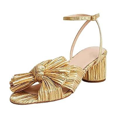 AMINUGAL Womens Heeled Sandals Pleated Bow Knot Ankle Strap Open Toe High Block Chunky Heels Sandals Bridal Wedding Dress Shoes Pumps