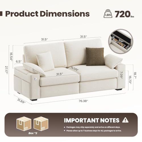 Image of MALOL 76 inch 3 Seater Loveseat, Upholstered Mid-Century Modern Couch with USB Type C Ports, 4 Pillows and Storage Armrest Cloud Foam Sofa for Living Room /Small Spaces, Beige