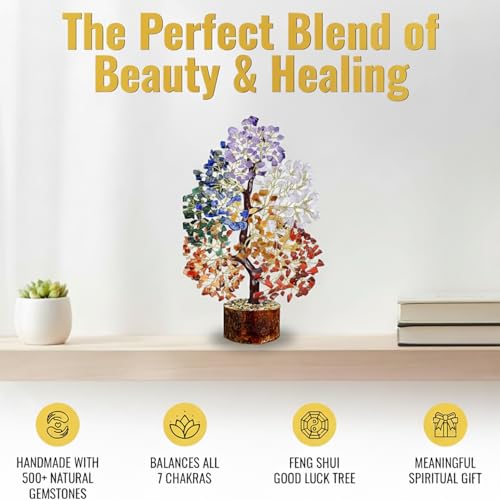 Image of JD FRESH 500 Beads Crystal Tree /7 Chakra Crystal Tree /Showpiece Good Luck and Positive Energy /Showpiece for Living Room /Natural Healing Gemstones Money Tree /Lucky Tree for Good Luck (Multicolor)