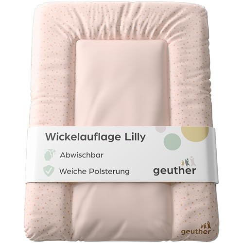 Geuther Wickelauflage abwaschbar 52x72 cm | Wickelunterlage Lilly für Wickelregal Clarissa & andere | Sicher dank erhöhtem Rand & Kopfschutz | Wickeltischauflage | Design Starry Night Pink