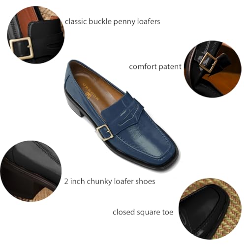 Image of MOOMMO Women Chunky Heel Penny Loafers Square Toe Buckle Slip On Comfort | Office Ladies Loafer Pumps 2 inch Stacked Block Heel Dress Loafers Oxfords Walking Dress Shoes Casual Size 4-11 M US
