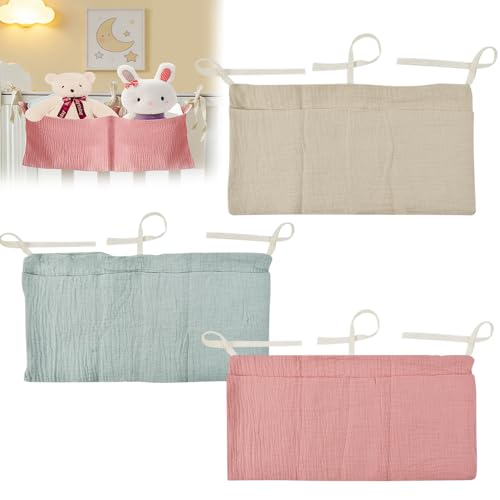 Zuxbolf 3er Set Babybett Organizer Hängend 2 Taschen Kinderzimmer Organizer Beistellbett Betttasche Verstellbarer Babybetttasche Baumwolle Wickelorganizer für Windeln Spielzeug (Khaki Bohnengrün Rosa)