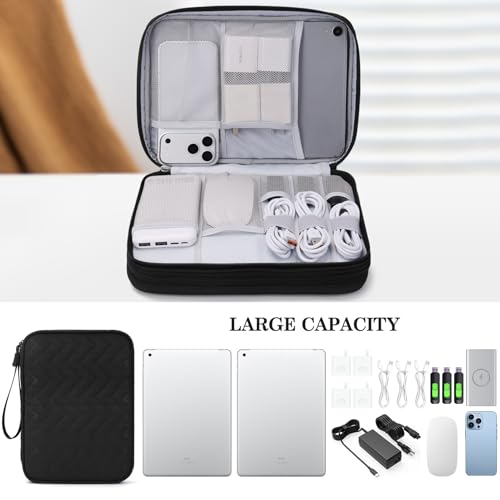 Image of FYY Electronic Organizer, Extra Large Travel Cable Organizer Bag Pouch Portable Waterproof Double Layers All-in-One Storage Bag for iPad, Cable, Power Bank, Laptop Charger for Office, Black-Pattern