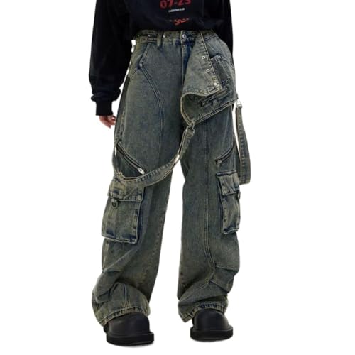 Mens Jeans Wide Leg Baggy Loose Fit Y2K Grunge Denim Cargo Pants with Pockets