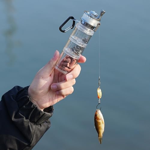 Dolvitrny Carrete de pesca con línea de mano con botella de pesca desmontable, caja de almacenamiento de aparejos de tres capas para anzuelos, flotadores y cebo, diseño compacto portátil para lago