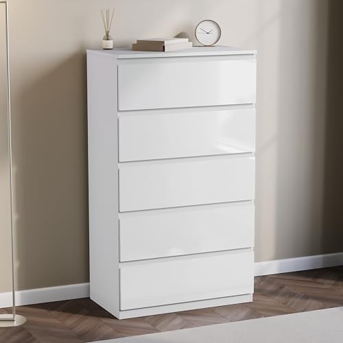Vida Designs Glinton High Gloss Chest of Drawer, 100% FSC Certified Chest of Drawers for Clothes - Closet Organizers and Storage Cabinet for Hallway, Entryway (White, 5 Drawer)