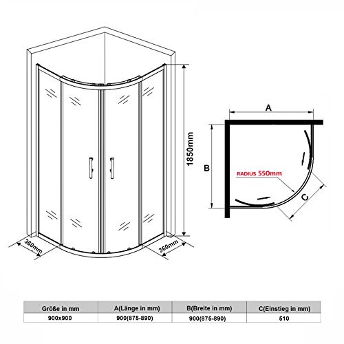 SONNI Viertelkreis Duschkabine Runddusche 90x90 eckeinstieg Duschabtrennung Schiebetür Viertelkreisdusche