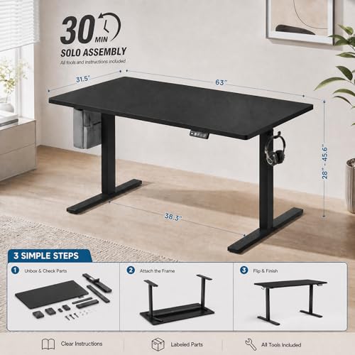 Image of Grandder 63x32 Large Electric Standing Desk, Height Adjustable Computer Desk with 2 Memory Presets, 31.5 inch Deep Desktop Sit Stand Desk Home Office Desk Workstation Table with Hooks, Black