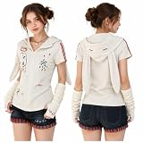 Erqiroc Cat Ear Zip Hoodie Cutecore Short Sleeve Crop Top Shoujo Kawaii Clothes Jojifuku (Small,Black)