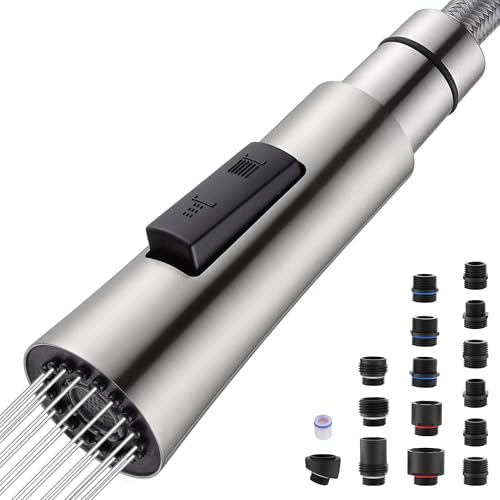 Metal Kitchen Faucet Head Replacement - Pull Down Spray Head with 15 Adapters - 2 Modes Kitchen Faucet Sprayer Head Replacement, Sink Sprayer Replacement, Brushed Nickel, Stainless Steel