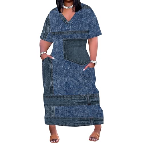 Image of SUZONANA Plus Size Denim Print Shirt Maxi Dresses for Curvy Women Casual Blue Jean Summer Outfits Long Short Sleeve Dress with Pockets Patchwork 5XL
