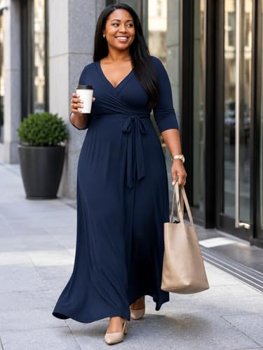 Image of PinkPatty Plus Size Maxi Dress for Women 3 /4 Sleeve Casual Long Dress | Soft stretchy fabric, functional pockets, flattering wrap v neck for vacation, casual wear and everyday styling